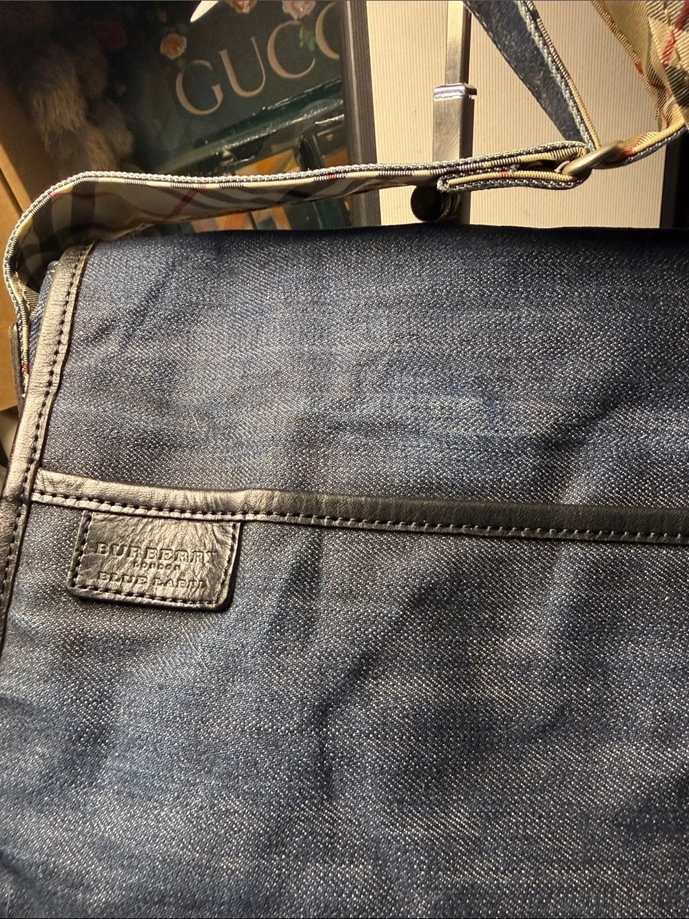 Burberry Blue Denim Messenger Bag with Beige Check Strap
